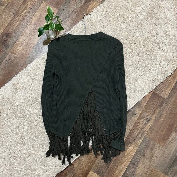 Anthropologie Eri + Ali Size Small Green Ribbed Fringe Crossover Malla Sweater - Picture 7 of 7